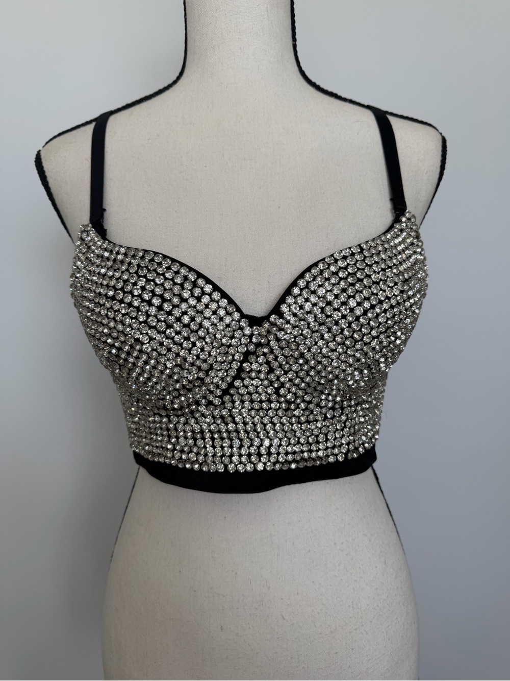Crystal-Embellished Black Crop Bustier Top